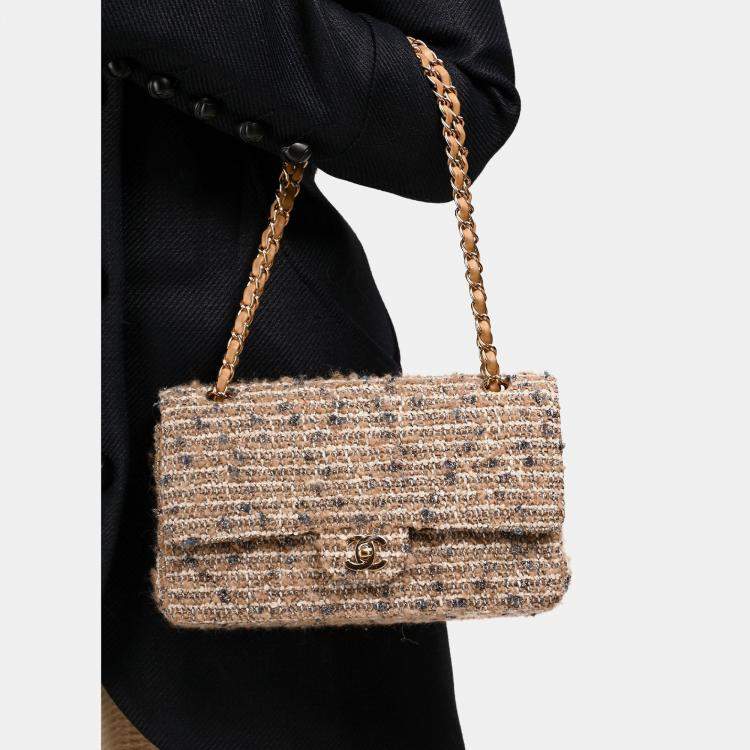 Pre Owned Chanel 2005/2006 Cream Tweed Medium Double Flap