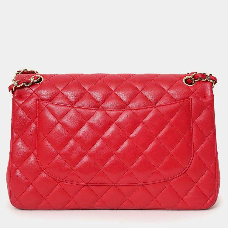 Pre Owned Chanel 2015-16 Red Lambskin Quilted Classic Jumbo Flap Bag