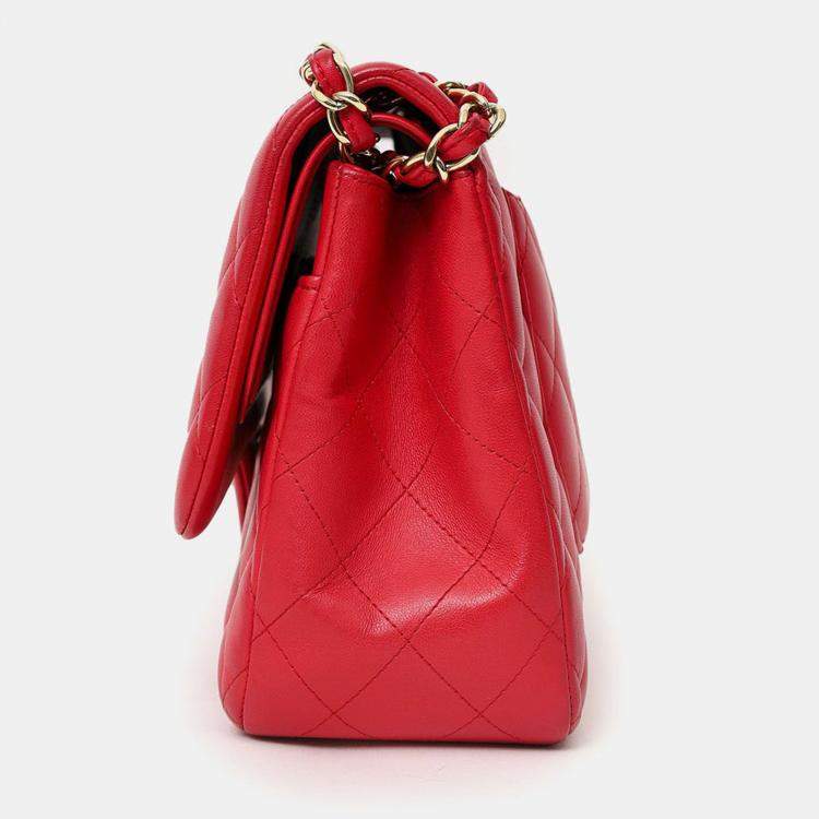 Pre Owned Chanel 2015-16 Red Lambskin Quilted Classic Jumbo Flap Bag