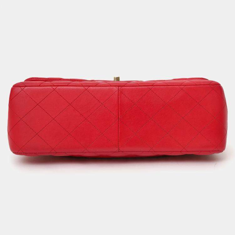 Pre Owned Chanel 2015-16 Red Lambskin Quilted Classic Jumbo Flap Bag