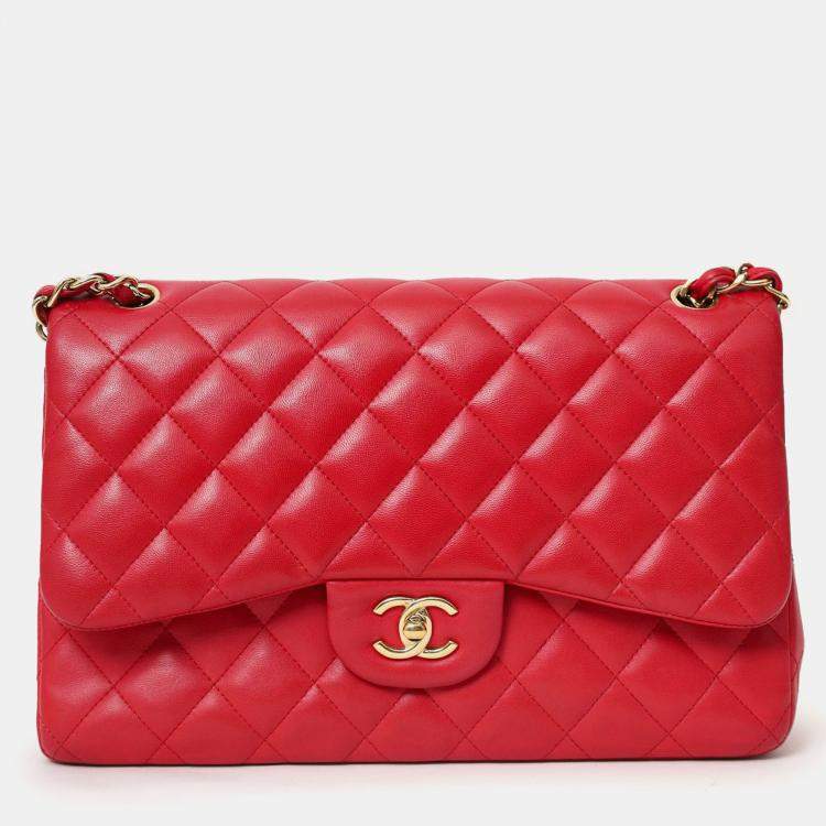 Pre Owned Chanel 2015-16 Red Lambskin Quilted Classic Jumbo Flap Bag