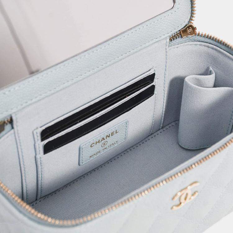 Pre Owned Chanel 2021 Blue Caviar Leather Quilted CC Vanity Top Handle Bag