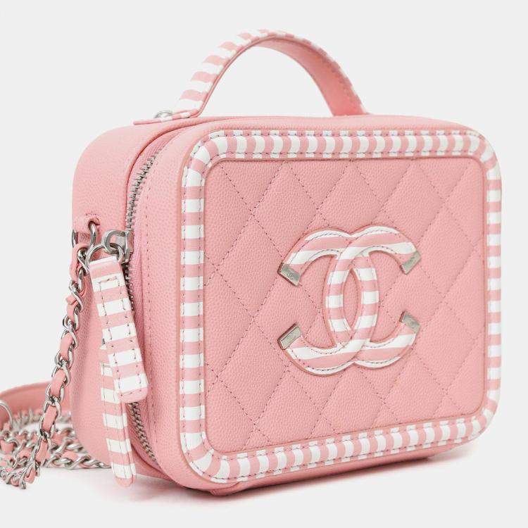 Pre Owned Chanel 2019 Pink/White Caviar Quilted Striped Small CC Filigree Vanity Case