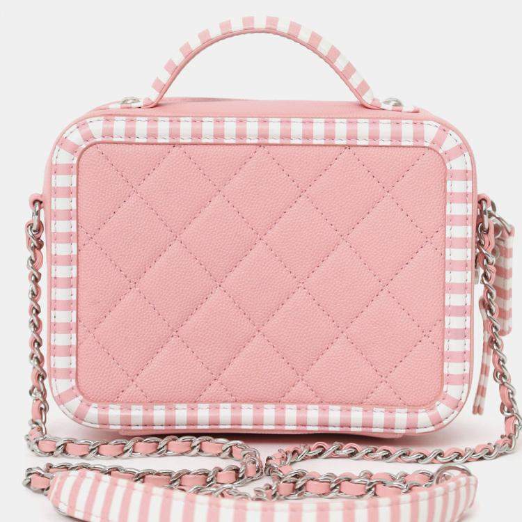 Pre Owned Chanel 2019 Pink/White Caviar Quilted Striped Small CC Filigree Vanity Case