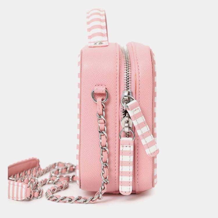 Pre Owned Chanel 2019 Pink/White Caviar Quilted Striped Small CC Filigree Vanity Case