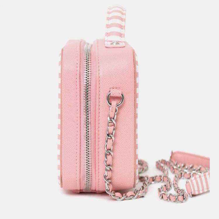 Pre Owned Chanel 2019 Pink/White Caviar Quilted Striped Small CC Filigree Vanity Case