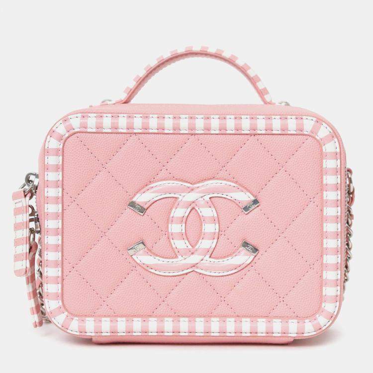 Pre Owned Chanel 2019 Pink/White Caviar Quilted Striped Small CC Filigree Vanity Case