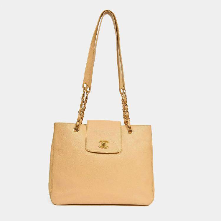 Pre Owned Chanel Beige Caviar Leather CC Shopper Tote Bag