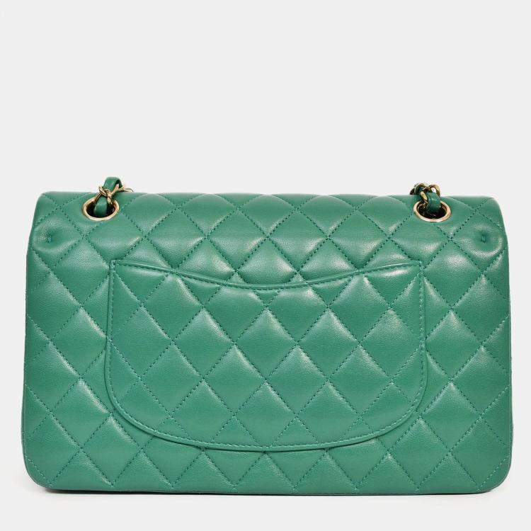 Pre Owned Chanel 2022 Dark Green Lambskin Medium Classic Double Flap Shoulder Bag