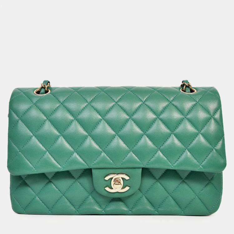 Pre Owned Chanel 2022 Dark Green Lambskin Medium Classic Double Flap Shoulder Bag