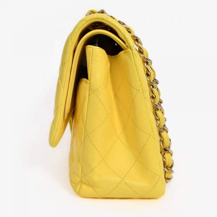 Pre Owned Chanel 2011-12 Yellow Lambskin Yellow Jumbo Double Flap Shoulder Bag