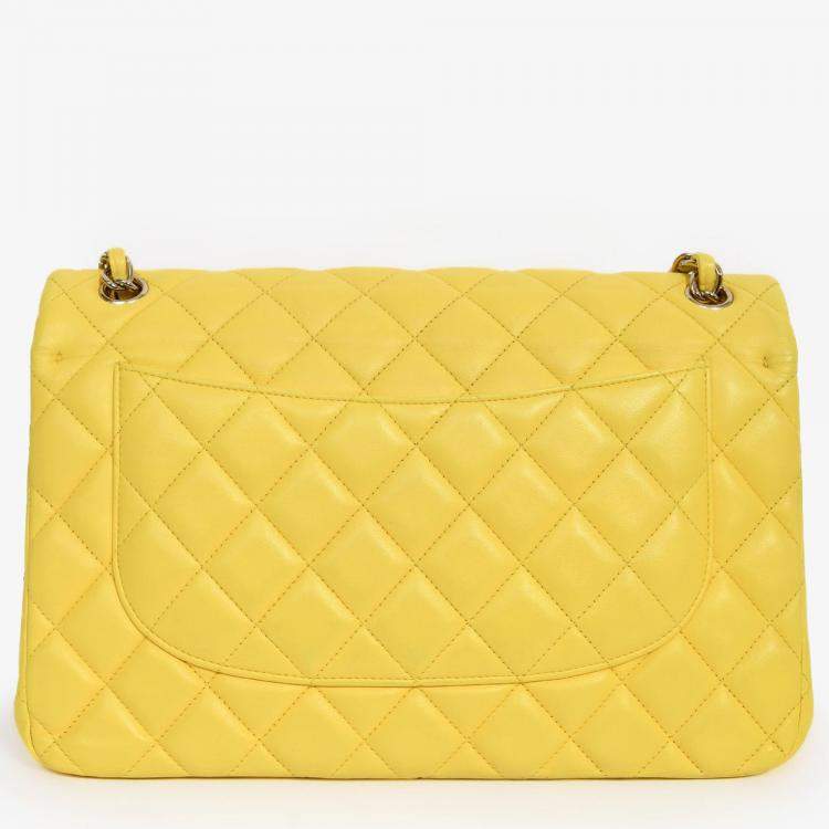 Pre Owned Chanel 2011-12 Yellow Lambskin Yellow Jumbo Double Flap Shoulder Bag
