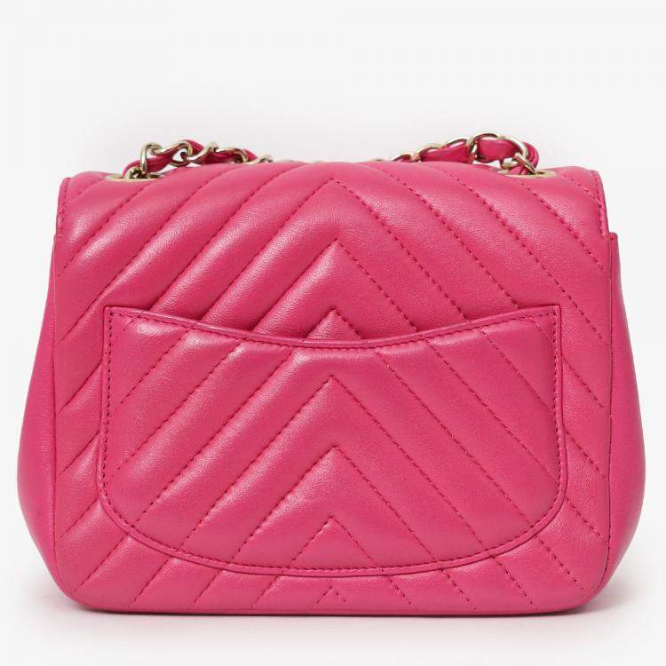 Pre Owned Chanel 2017/18 Pink Leather Chevron Mini Square Flap Bag