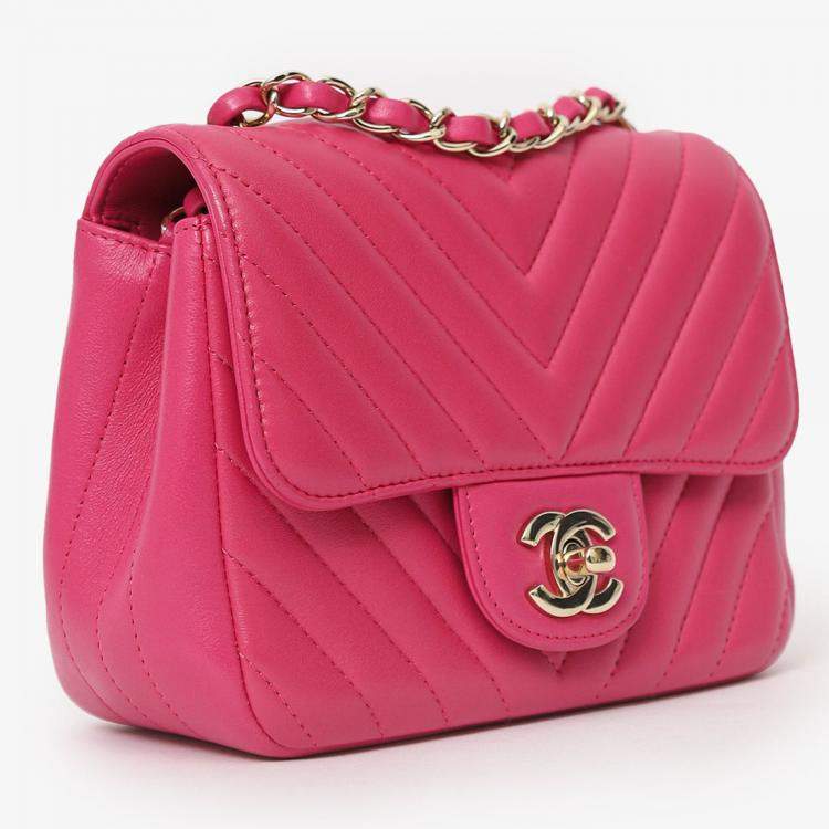 Pre Owned Chanel 2017/18 Pink Leather Chevron Mini Square Flap Bag