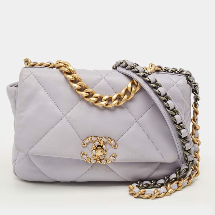 Pre Owned Chanel 19 Small Lilac Quilted Leather Flap Bag