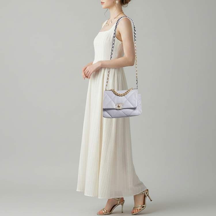 Pre Owned Chanel 19 Small Lilac Quilted Leather Flap Bag