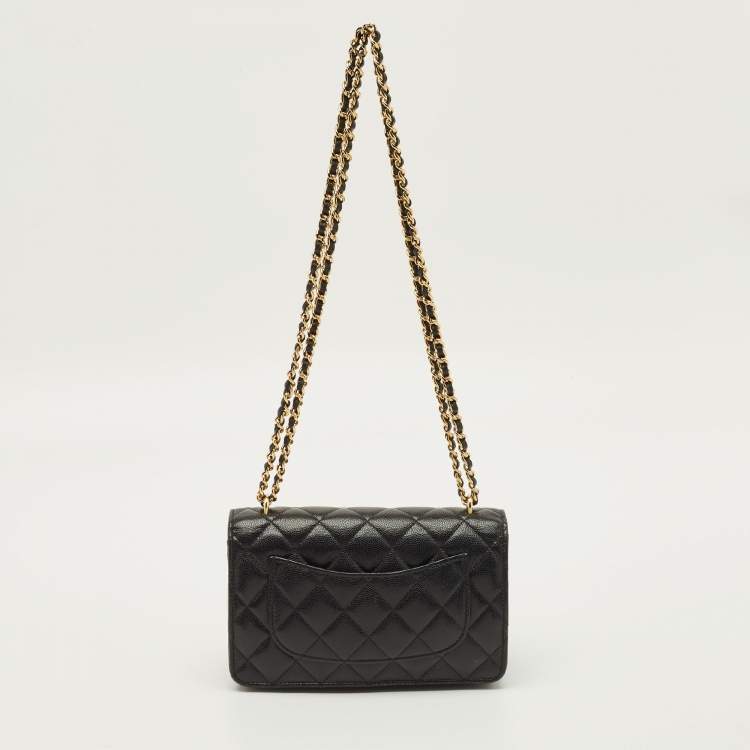 Pre Owned Chanel Pocket Twins Black Caviar Quilted Leather Wallet On Chain