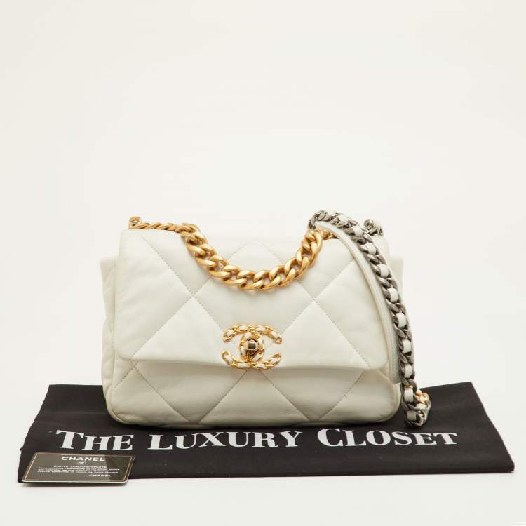 Pre Owned Chanel 19 Small White Quilted Leather Flap Bag