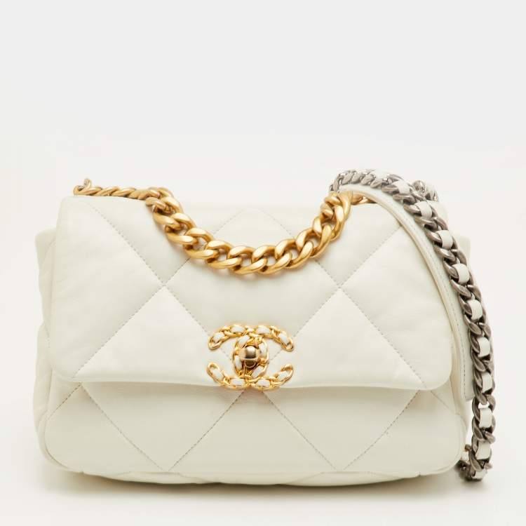 Pre Owned Chanel 19 Small White Quilted Leather Flap Bag
