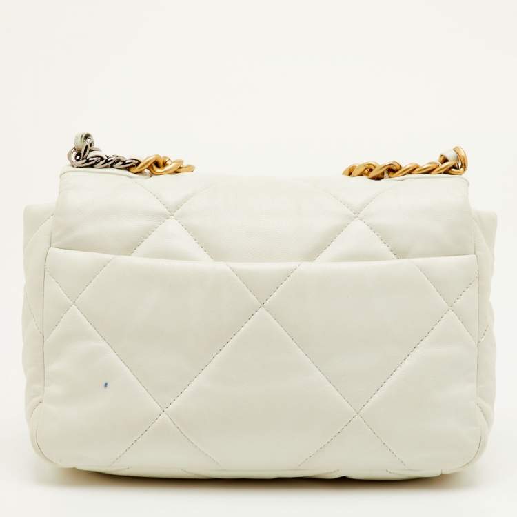 Pre Owned Chanel 19 Small White Quilted Leather Flap Bag