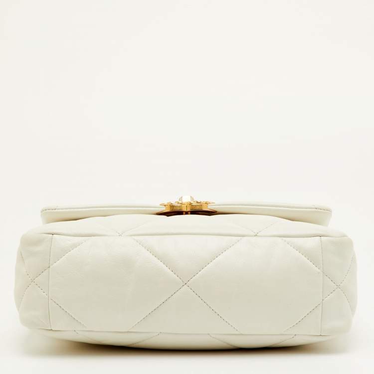 Pre Owned Chanel 19 Small White Quilted Leather Flap Bag