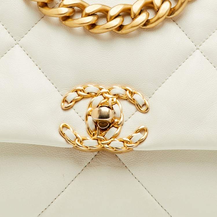Pre Owned Chanel 19 Small White Quilted Leather Flap Bag