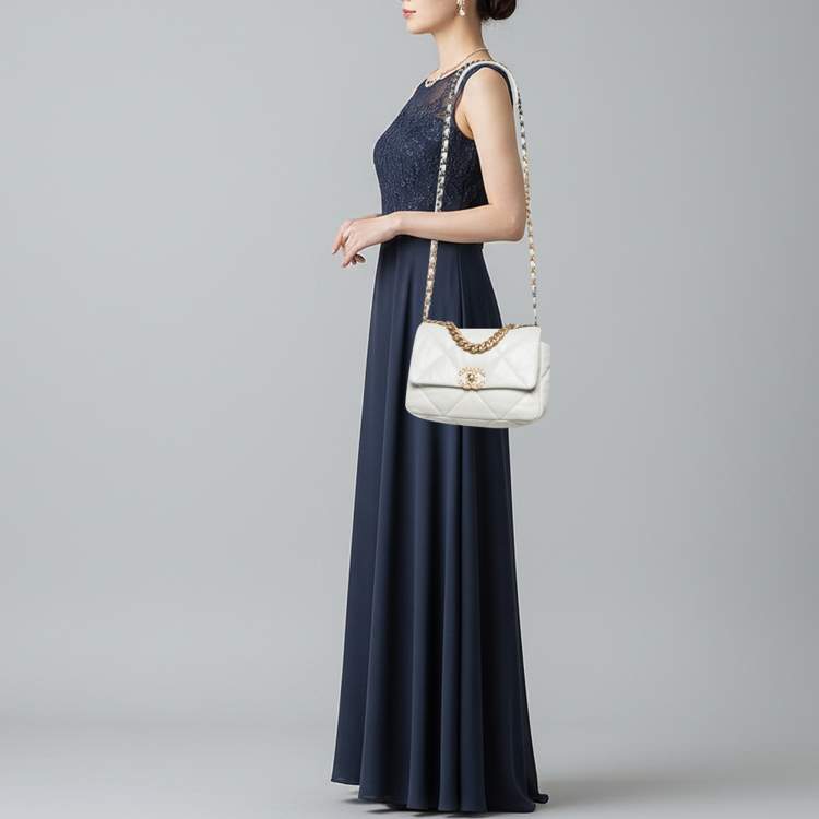 Pre Owned Chanel 19 Small White Quilted Leather Flap Bag