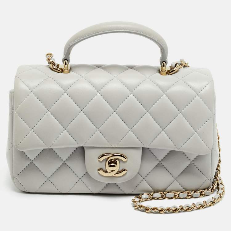 Pre Owned Chanel Mini Grey Quilted Leather Rectangular Top Handle Bag