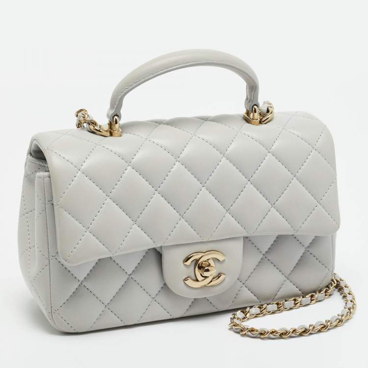 Pre Owned Chanel Mini Grey Quilted Leather Rectangular Top Handle Bag