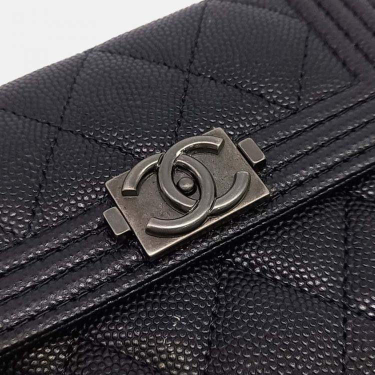 Pre Owned Chanel Black Leather Caviar Boy Bifold Wallet