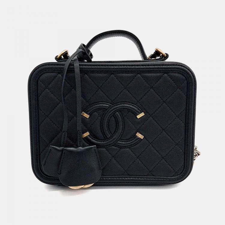 Pre Owned Chanel Black Leather Caviar Cosmetic Tote And Shoulder Bag