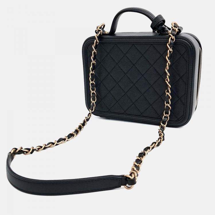 Pre Owned Chanel Black Leather Caviar Cosmetic Tote And Shoulder Bag