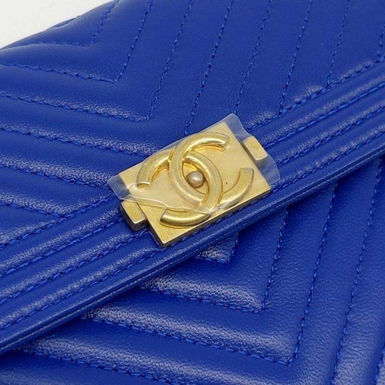 Pre Owned Chanel Blue Leather Chevron Boy Long Wallet