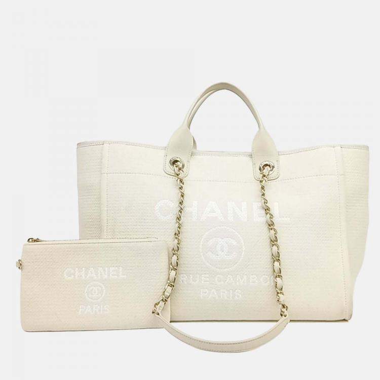 Pre Owned Chanel Cream Fabric Deauville Tote And Shoulder Bag
