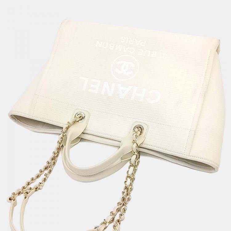 Pre Owned Chanel Cream Fabric Deauville Tote And Shoulder Bag