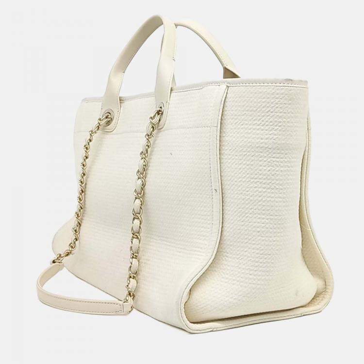 Pre Owned Chanel Cream Fabric Deauville Tote And Shoulder Bag