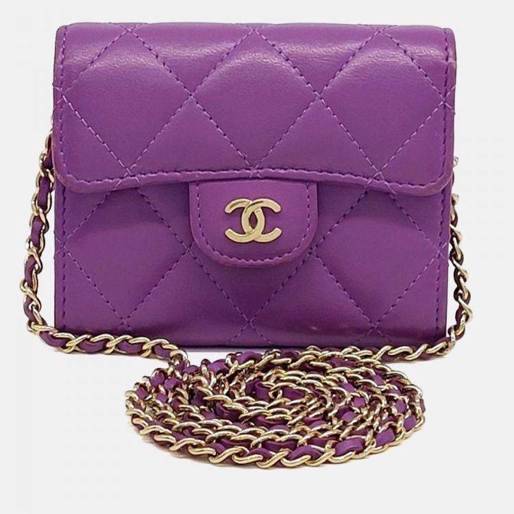 Pre Owned Chanel Purple Leather Lambskin Chain Card Holder