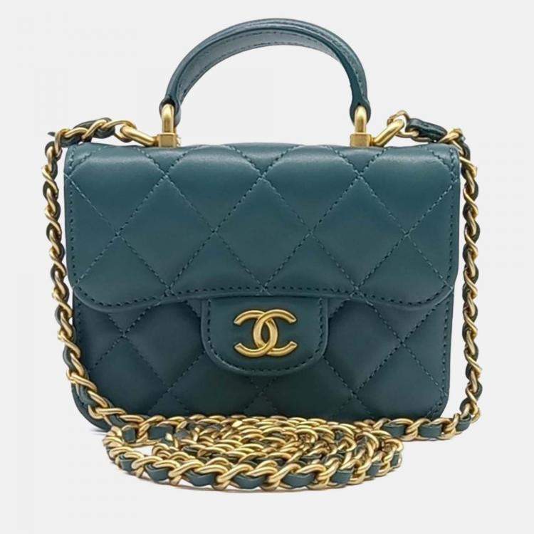 Pre Owned Chanel Green Leather Top-Handle Coin Pulse Chain Bag