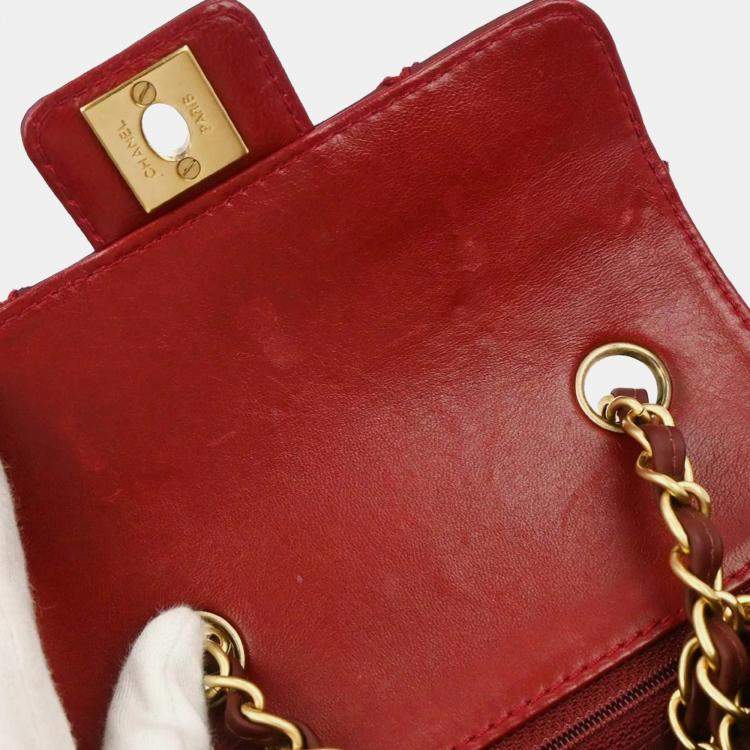 Pre Owned Chanel Red Calfskin Wild Stitch Mini Classic Square Flap Bag