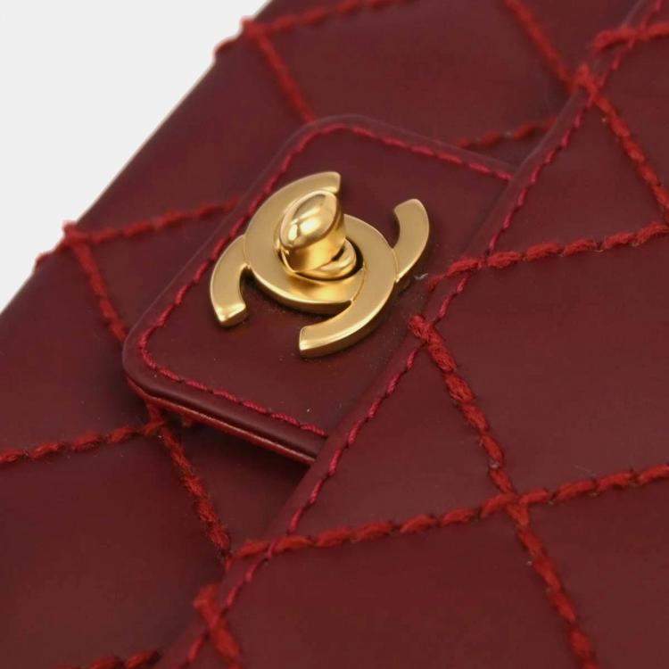 Pre Owned Chanel Red Calfskin Wild Stitch Mini Classic Square Flap Bag