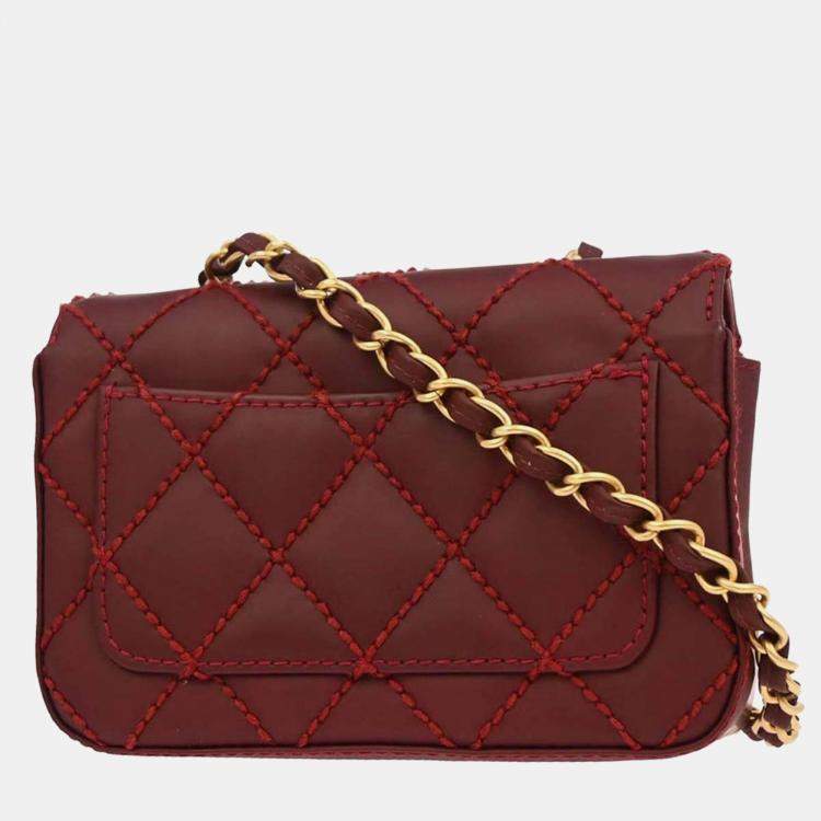 Pre Owned Chanel Red Calfskin Wild Stitch Mini Classic Square Flap Bag