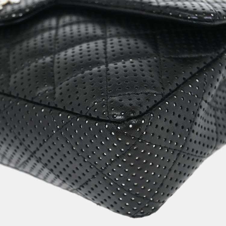 Pre Owned Chanel East West Black Perforated Lambskin Leather Shoulder Bag