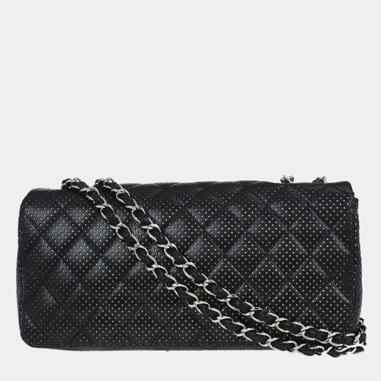 Pre Owned Chanel East West Black Perforated Lambskin Leather Shoulder Bag