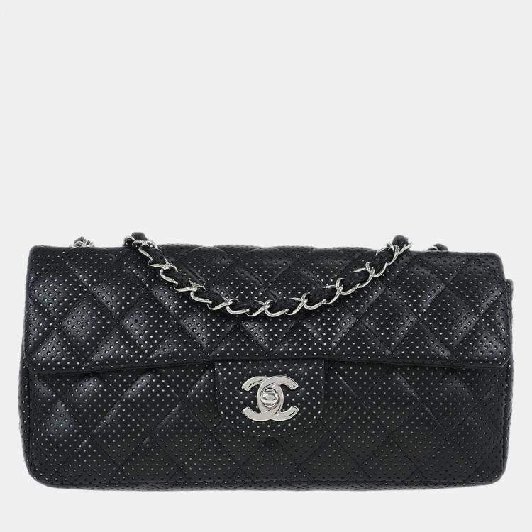 Pre Owned Chanel East West Black Perforated Lambskin Leather Shoulder Bag