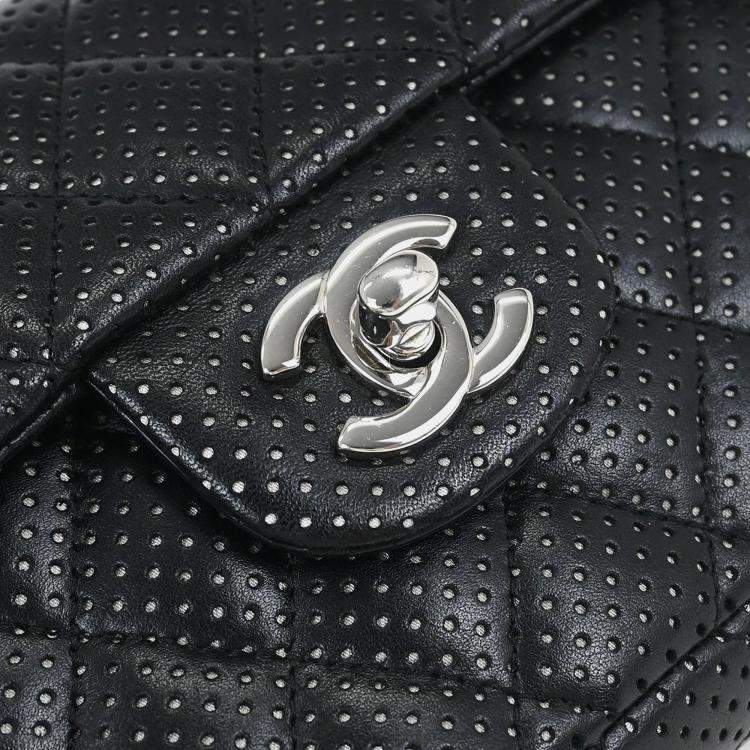 Pre Owned Chanel East West Black Perforated Lambskin Leather Shoulder Bag