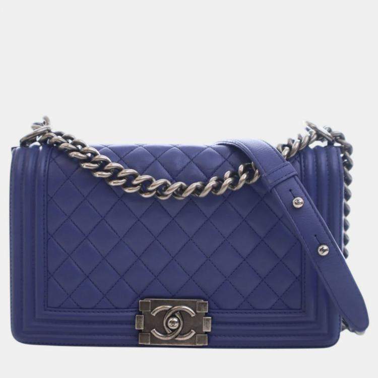 Pre Owned Chanel Blue Medium Quilted Lambskin Boy Flap