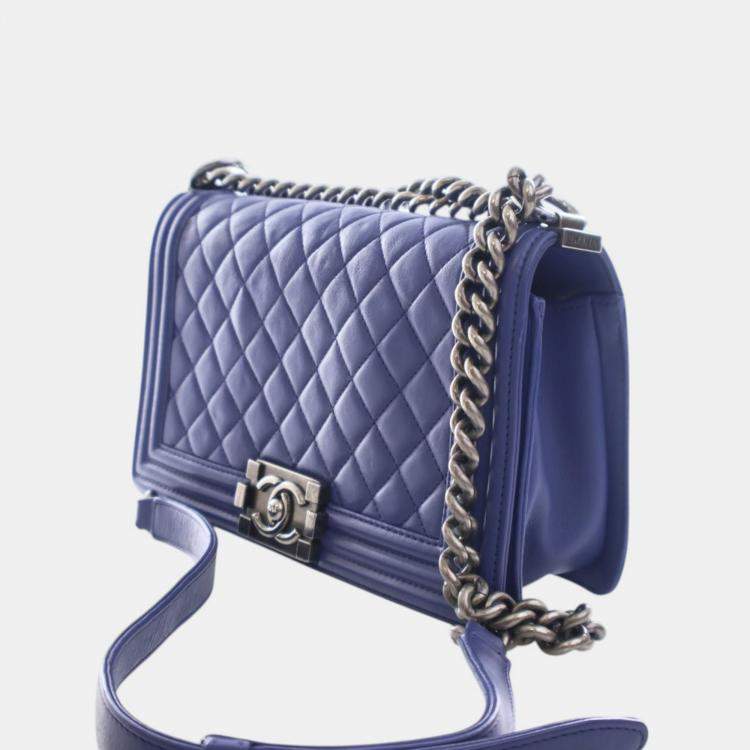 Pre Owned Chanel Blue Medium Quilted Lambskin Boy Flap