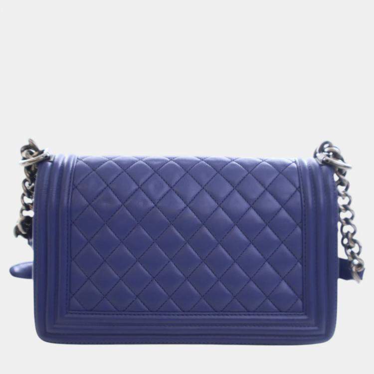 Pre Owned Chanel Blue Medium Quilted Lambskin Boy Flap