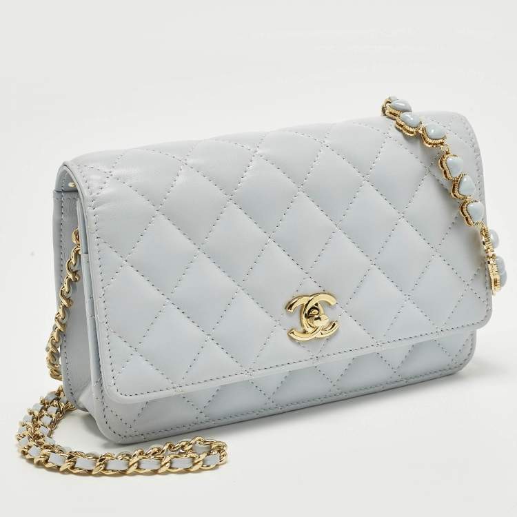 Pre Owned Chanel CC Turnlock Blue Quilted Leather Wallet On Chain