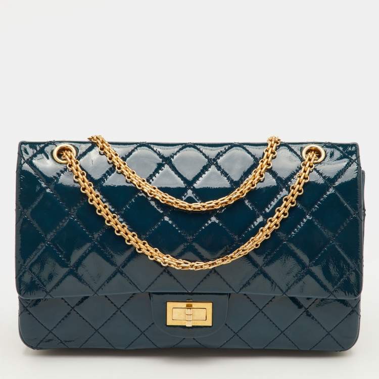 Pre Owned Chanel 2.55 Reissue 227 Teal Blue Quilted Patent Leather Flap Bag